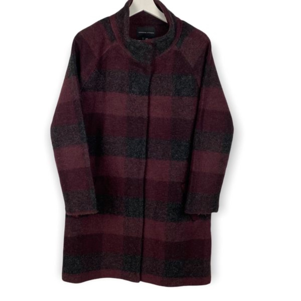 Adrienne Vittadini Burgundy & Charcoal Striped Wool Blend Blanket Coat

FF